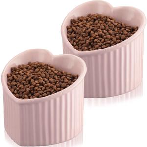 Raised Tilted Cat Food Bowls, Elevated Ceramic Cat Bowls, Love Heart Shape, Slanted Pet Feeding Dishes, Stress Free Feeder Bowl for Kitty, Small Cats, Protect Pet's Spine, 2 Pack(Pink&Pink)