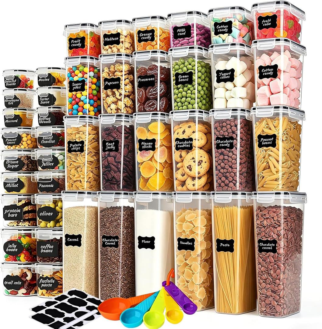 stusgo Airtight Food Storage Containers with Lids, BPA Free Clear Pantry Storage Container for Kitchen Food Pantry Organizers and Storage, Plastic Pantry Organiser for Cereal,Flour and Sugar 42 pack