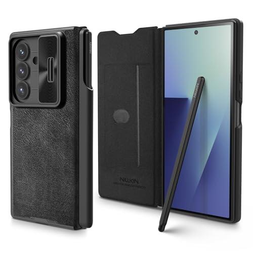 Nillkin Samsung Galaxy Z Fold 7 Wallet Case with S Pen, [Detachable S Pen Holder] [Built in Stylus Pen] [Card Slot] [Slide Camera Cover] [Hinge Protection] Leather for Galaxy Z Fold 7 Case, Black