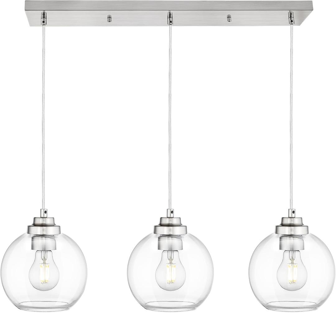 3-Light Globe Island Light, Linear Chandelier with Brushed Nickel Finish, Clear Glass Pendant Light Fixture for Dining Room Kitchen Island Living Room Pool Table, ZCPL101BN-3S