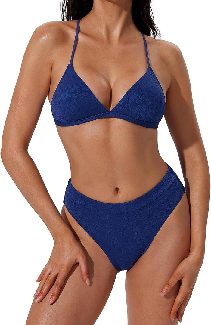 SUUKSESS Women Sexy Triangle Bikini Sets Textured High Cut 2 Piece Bathing Suit (Blue, M)