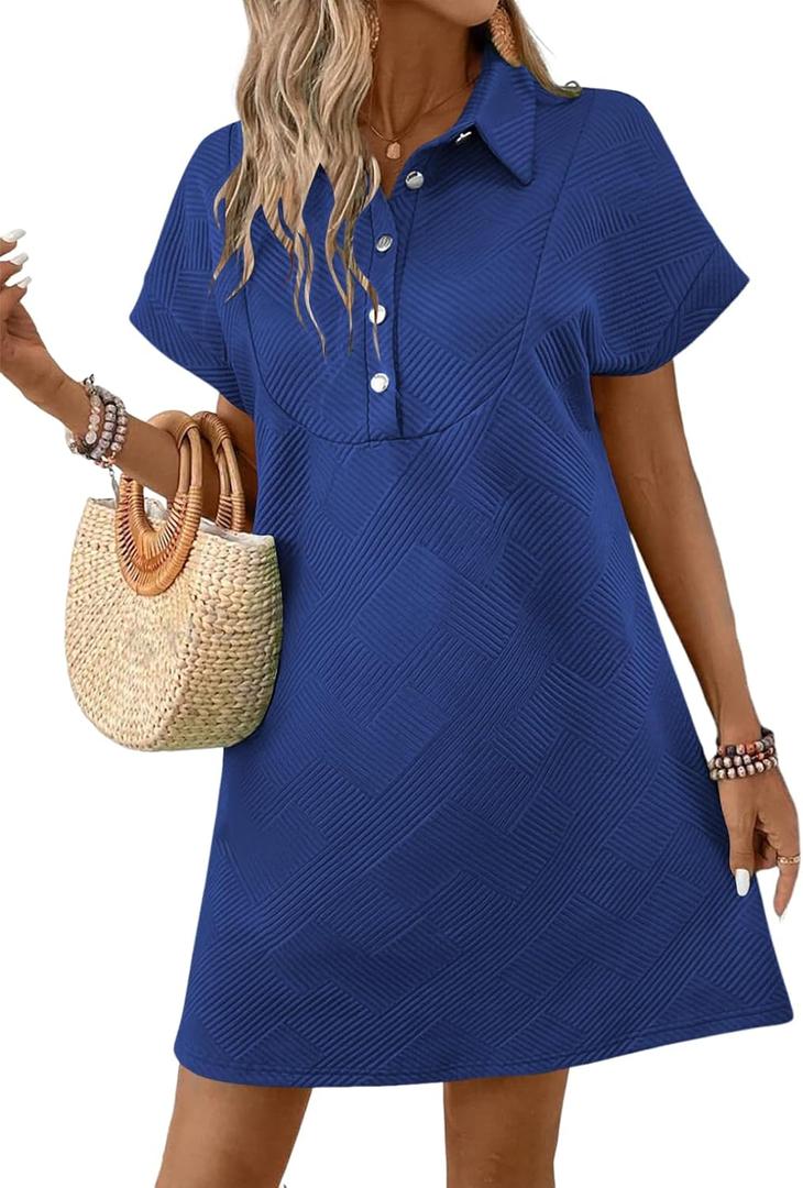 Acelitt Summer Lapel Collared Dresses for Women 2026 Batwing Short Sleeve Mini Dress Beach Sundress (Blue, L)