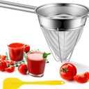 SiliFine Stainless Steel Reinforced Bouillon Sieve Strainer Cone Fine Mesh Strainer with Handle and Rubber Pestle for Kitchen Food Cooking(8 Inch)