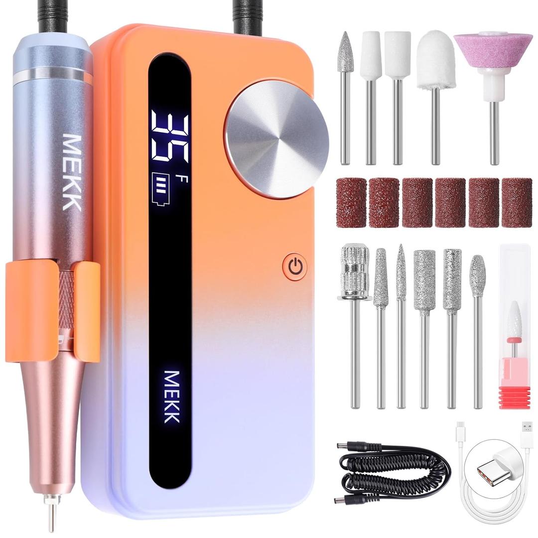 MEKK Nail Drill Kit, 35000RPM Electric Nail Drill Professional Electric Nail File with 12PCS Bits, Anti-Shaking Cordless E Filer for Nails, Home & Salon(Orange Blue)