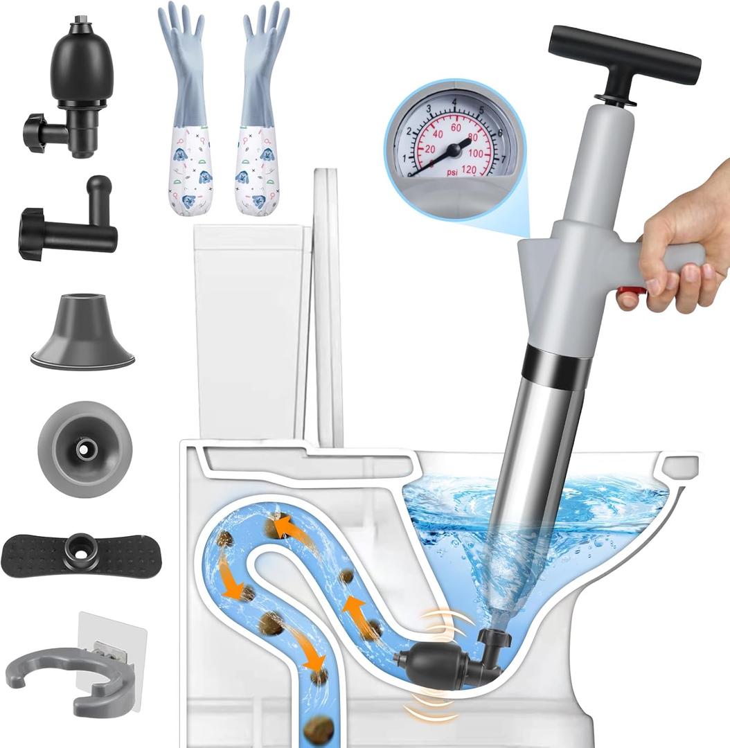 inShareplus Toilet Plunger, Grey Toilet Unblocker Heavy Duty, High Pressure Plunger Kit with 4 Replaceable Heads and 1 Gloves Plunger Unblocker for Unblocking Toilets, Bathtub, Floor, Drain