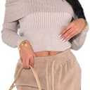 Women's Off Shoulder Long Sleeve Ribbed Knit Pullover Sweater Casual Basic Crop Y2k Tops Size M