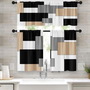 Beige Kitchen Window Curtains Valance and Tier Set 36 Inch, Black Grey White Modern Rod Pocket Short Tier Curtain for Bathroom, Abstract Art Small Cafe Drapes for Decor