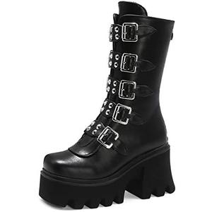 YIYA Black Platform Goth Boots for Women Studded Wide Mid Calf Combat Punk Boots Round Toe Buckle Chunky Heel Back Zipper Thick Sole Ankle Booties, 44