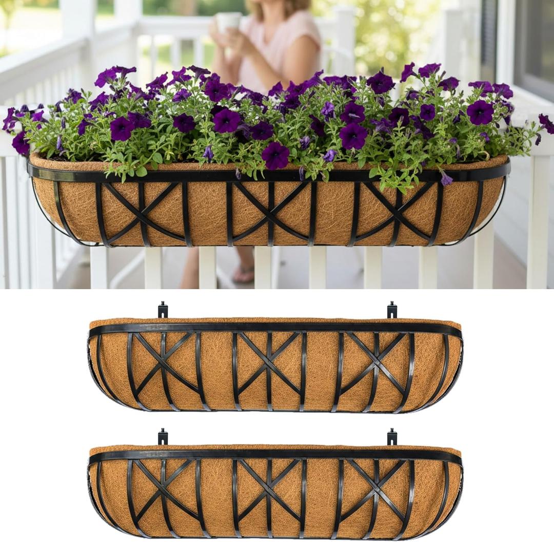 LaLaGreen 36 Inch, 2 Pack Railing Planters with Coir Liner Large Black Metal Window Boxes with Adjustable Brackets for Wall Mounting, Herb Pots, Balcony & Fence Planter for Patio, Porch, Garden