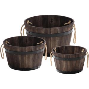 Set of 3 Wooden Flower Boxes Outdoor, Durable Acacia Wood Barrel Planters for Outdoor Plants with Ergonomic Handles, Drainage Holes, Multiple Sizes Wood Bucket Planter for Home Dcor (Dark Brown_round Wood Planter Pots_rope Handle)