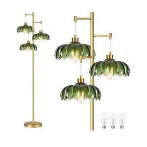 Glass Floor Lamp for Living Room,Bedroom,Mid Century Modern Standing Lamp Brass Tree 3 Light Tall Floor Lamps Vintage Retro Floor Lights Gold Green Flower Lamp Shade Farmhouse Boho Bohemian