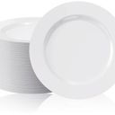 FOCUSLINE 100 Count White Plastic Plates 10 Inch, Disposable Heavy Duty Dinner Plates- Premium Hard Plastic Plate Fancy Disposable White Plate for Weddings, Parties and Events