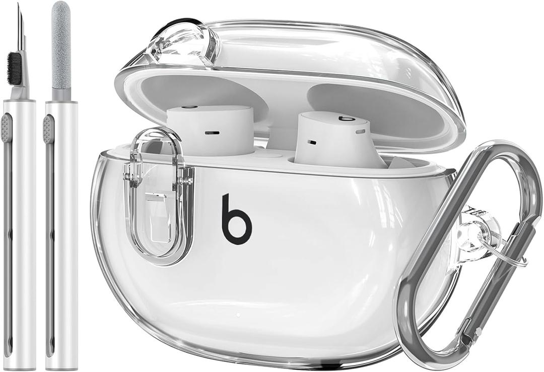 Compatible with Beats Studio Buds/Studio Buds Plus Case Cover Clear 2021/2023 Men Lock Clip with Cleaner Kit, Protective Cover for New Beats Studio Buds + Wireless Earbuds Case with Keychain, Clear