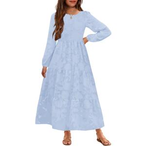 MITILLY Girls Fall Long Sleeve Dress Boho Flower A-Line Ruffle Tiered Flowy Maxi Dresses for Wedding Party 6Years (Blue)