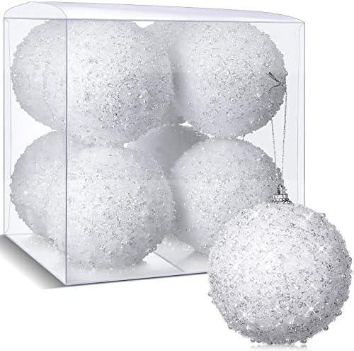 BBTO 8 Pcs Christmas Tree Ball Ornaments Glitter Sequin Foam Ornaments Hanging Decorations for Xmas Wedding Party Holiday Decor(White,4 Inch)