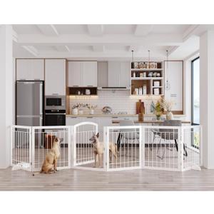 Vantas Folding Pet Gate 144" Wide, 30" Tall No-Assembly Metal Dog Gate, Freestanding Wire Pet Gate, Pet Puppy Safety Fence, Extra Wide with 2PCS Support - White (6 Panels with Door)