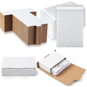 Marspark 50 Pack Small Shipping Boxes with Bubble Bags for Cassette Storage, Corrugated Cardboard Mailer Boxes for Small Business Packaging, Easy Fold Shipping(White)