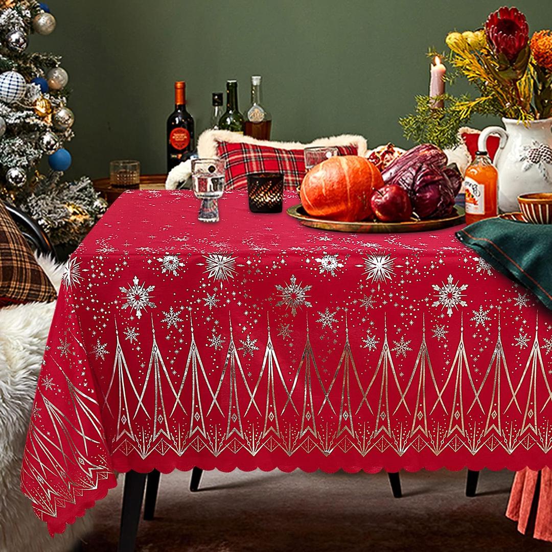 LUSHVIDA Christmas Rectangle Table Cloth Washable Water Resistance Holiday Microfiber Tablecloth Decorative Table Cover for Banquet Party Kitchen Dining Room, 60 x 102 Inch (Snow-Foil Print)