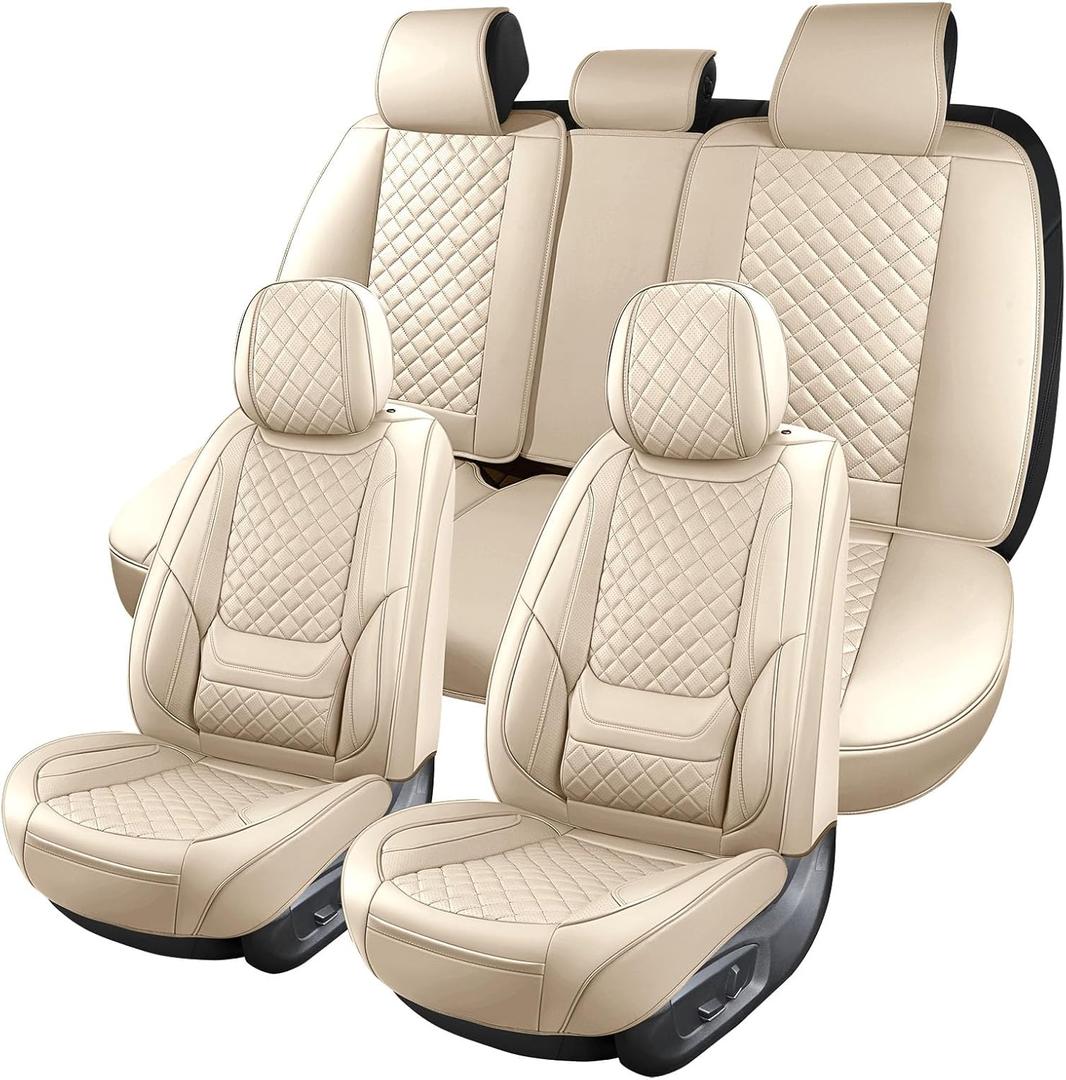 Leather Car Seat Covers Full Set Breathable Automotive Seat Covers Waterproof Seat Protectors Universal Fit for Most Automotive Cars SUV Trucks Van (Beige, Full Set)