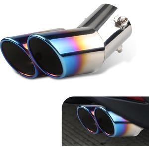 Dual Exhaust Tip, Stainless Steel Bending Muffler Exhaust with Bolt, 2.5" Inlet Dual Tail Pipe Muffler Tip, Exhaust Pipe Modification Accessories, Universal Muffler Tail for Cars (Baked Blue) (1 PC, Baked Blue #Curved Bevel Mouth)