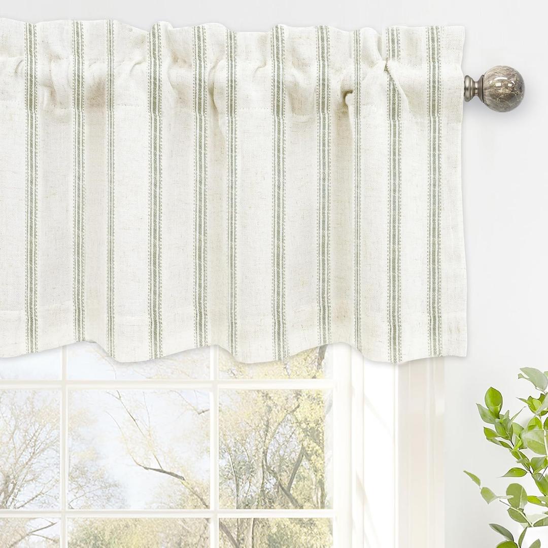 DriftAway Farmhouse Linen Lined Valance Double Layer Thermal Insulated Room Darkening Blackout Window Valances 3 Inch Rod Pocket Vertical Striped Kitchen Valance Single 52 Inch by 14 Inch Loden Green