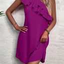 Floerns Women's One Shoulder Tiered Layered Sleeveless Ruffle Trim Tunic Dress (Purple, M)