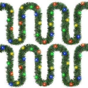 Roberly 2 PCS Prelit Christmas Tinsel Garland with Lights, Total 39.4 Ft 120 Led Lighted Garland Christmas Tree Decorations Twist Hanging Foil Garland for Xmas Party Stairs New Year Decor, Dark-Green