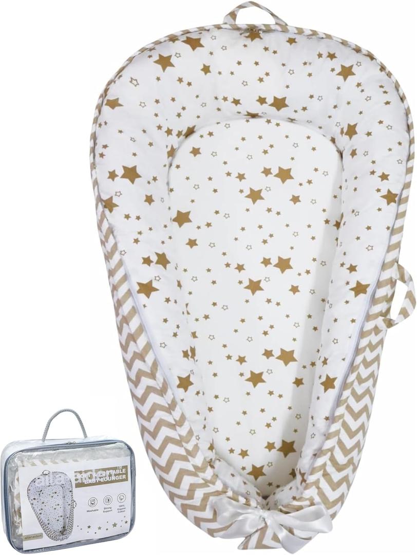 Aila + Aiden Baby Lounger | Organic Cotton Infant Lounger | Reversible, Adjustable & Portable Floor Lounger |Supervised Use | Soft, Breathable, Washable Cover - Star Collection (White/Tan)