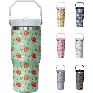 30oz Strawberry Tumbler with Handle and Flip Straw, Stainless Steel Insulated Cup, Travel Coffee Mug Water Bottle, Birthday Mothers Day Chritmas Gifts for Women Animal Lovers