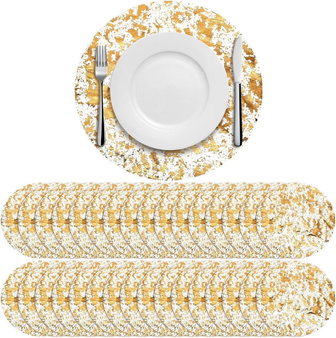 Sunnychicc 50 Pcs Disposable Gold Placemats Set 13 Inch Round Gold Foil Mesh Pressed Table Doilies Metallic Thin Mesh Table Runner for Home Decoration Dining Wedding Birthday Party