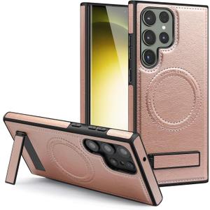Lunivop Compatible with Samsung Galaxy s24 Ultra Case PU Leather [Compatible with Magsafe Wireless Charging] Magnetic Cover Stand Funda Rugged Phone Case Rose Gold