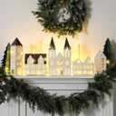 Geelin 7 Pcs Christmas Village Sets with USB LED Include 5 LED Paper Christmas Village Houses and 2 Xmas Trees DIY Crafts Xmas Houses Decoration for Mantel Winter Holiday Party Desktop Table Scene