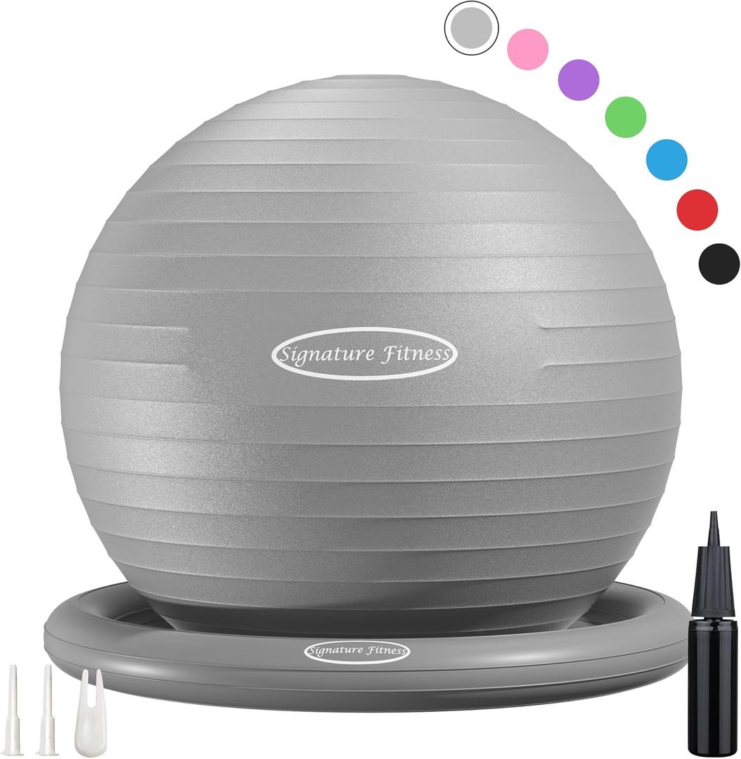 Anti-Burst and Slip Resistant Exercise Ball - Yoga, Fitness, Birthing Ball With Quick Pump, 2,000-Pound Capacity, Multiple Colors and Sizes (Gray)