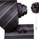 Hi-Tie Men Silk Ties Set with Flower Lapel Pin Necktie Pocket Square Cufflinks for Tuxedo Wedding Business (Black)