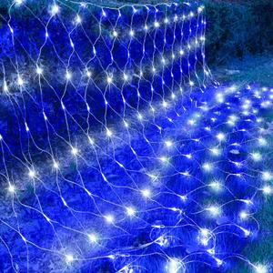 kemooie Outdoor Christmas Net Lights, 198 LEDs 9.8FT x 6.6FT Net Light, Connectable 8 Twinkle Modes Hanging Mesh Lights for Garden Bush Window Christmas Decorations (Blue&White)