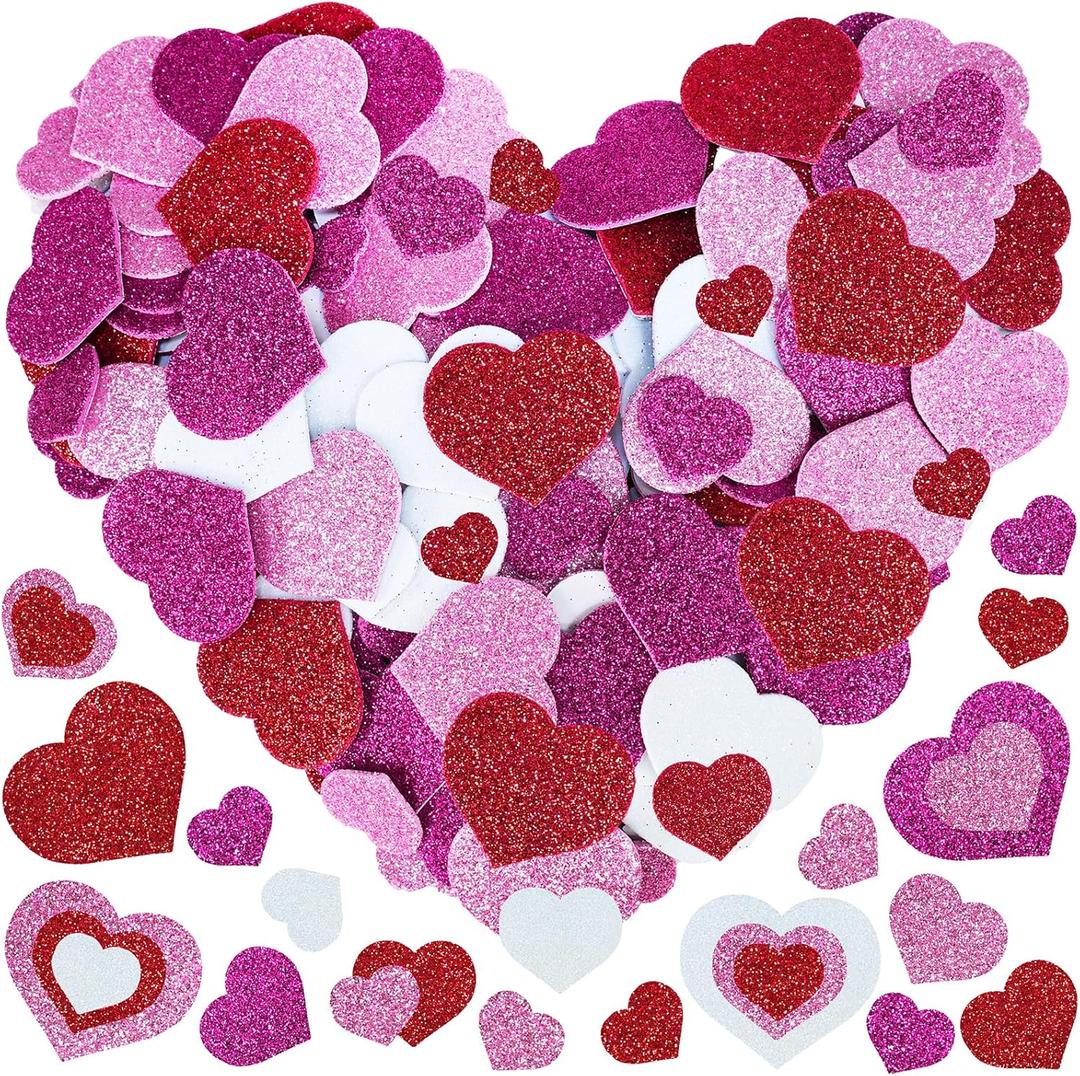 2 x Winlyn 480 Pcs Valentine's Day Heart Stickers Bulk Self-Adhesive Glitter Hearts Shaped Foam Stickers Embellishments in Red Pink White Valentine Arts and Crafts for Kids Scrapbooking Cards Gift Dcor