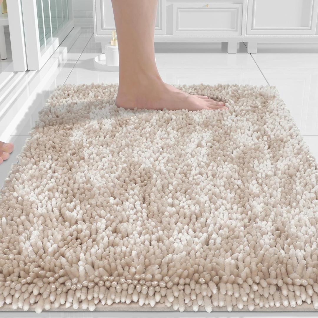 Yimobra Chenille Bathroom Rugs Non Slip, Extra Thick Soft Absorbent Bath Rug 24x17 Inch, Machine Washable Quick Dry Bath Mat for Bathroom Floor, Tub and Shower, Home Decor Accessories, Khaki