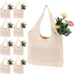 Sunnymove 8 Packs Mesh Beach Bag Crochet Straw Tote Bag for Women Raffia Summer Boho Aesthetic Large Hippie Vacation Shoulder Handbag (Light Apricot)