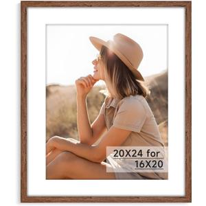 HLiWEGNS Light Walnut 20x24 Frame - Single Frame - Rustic Woodgrain 20 x 24 Poster Frame for Pictures 16x20 with Mat or 20x24 Picture Frame Without Mat for Wall Gallery Display - Ideal Christmas Day