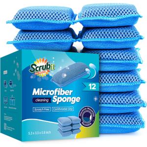 SCRUBIT Reusable Sponges for Dishes - 12 Pack Microfiber Sponges Kitchen Dish Scrubber, Machine Washable & Non-Scratch Scrubbers (Blue)