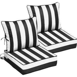 24x24 Outdoor Chair Cushions 2 Set, Waterproof Deep Seat Cushions for Patio Furniture with Removable Cover, Fade Resistant 4'' Outdoor Seat Cushion w/ Ties Handle for Sofa Couch, Black White Stripes