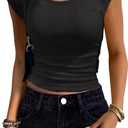 Women Shirts Crew Neck Ribbed Slim Fitted Side Ruched Basic Tops for Woman Cap Sleeve Summer Casual T Shirts Black XL
