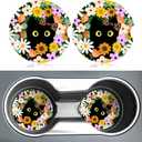 2 x Flower Cute Black Cat Car Coasters for Cup Holders,2 Pack Car Cup Holder Coasters for Car,Ceramic Absorbent Car Coaster with A Finger Notch and Cork Base,Car Interior Accessories for Women Men