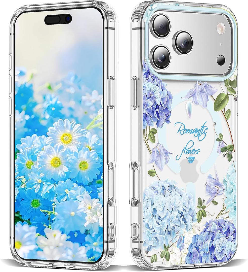 XIQI Compatible with iPhone 17 Pro Case 6.3" for Women Girls Cute Translucent Magnetic Phone Case with Floral Pattern [Never Fade Flower Design][Compatible with Mag-Safe],Hydrangea