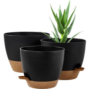 FaithLand 3-Pack Planter Pots, 10 9 8 Inch Self Watering Flower Pots for Indoor Outdoor Garden Plants, Black with Brown