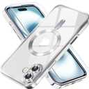 Misea Magnetic for iPhone 16 Case with MagSafe [Never Yellowing] [Military Grade Drop Protection] Full Camera Lens Protector Plating Soft Clear Phone Case for Women Girls 6.1 inch, Silver