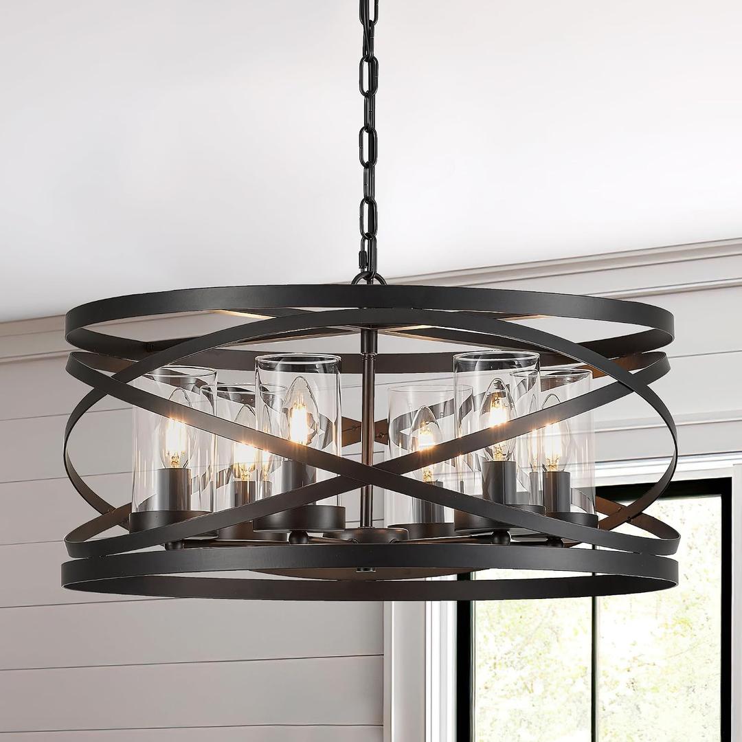 6-Light Farmhouse Drum Pendant Light, 21.65'' Nature Wood Texture Vintage Rustic Chandeliers Black Metal Industrial Glass Shade Hanging Light Fixtures for Entryway, Bedroom Dining Room