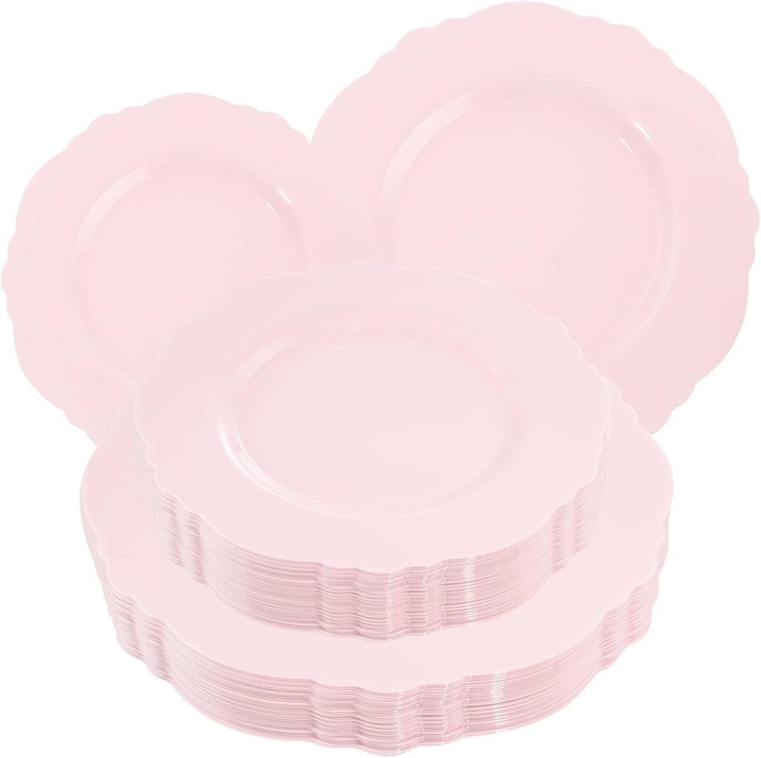 WDF 60pcs Pink Plastic Plates - Baroque Pink Disposable Plates Including 30 Pink Dinner Plates 10.25inch, 30 Pink Dessert Plates 7.5inch for Upscale Wedding &Parties