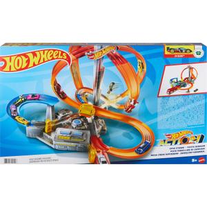 Hot Wheels Track Set Spin Storm, 3 Intersections for Crashing & Motorized Booster, 1:64 Scale Toy Car