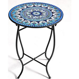 Metal Outdoor Side Table,14" Diameter Round Plant Stand for Flower Pots Vase Home Decor, Weather Resistant Patio Accent Table Plant Stand for Indoor Outdoor Use, Easy Assemble (Blue)